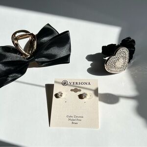 Versona Accessory Set: Stud Earrings, Black Bow Hair clip and Heart Scrunchie